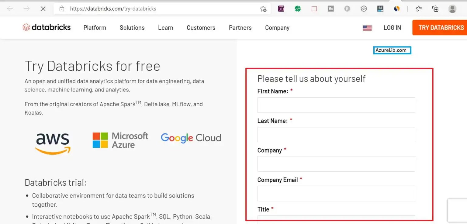 Databricks Sign Up Page